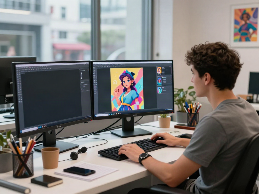 Engaging scene of a digital artist working on character AI nsfw interactions with multiple monitors displaying creative designs.