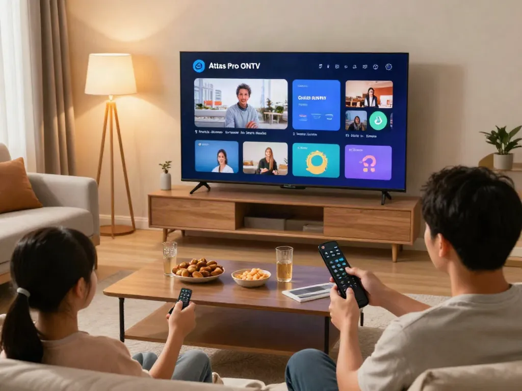 Famille profitant de l'application Atlas Pro ONTV dans leur salon moderne avec grand écran.