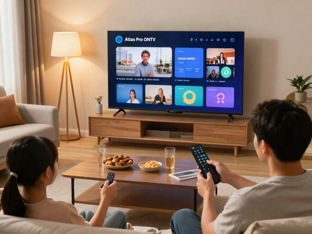 Famille profitant de l'application Atlas Pro ONTV dans leur salon moderne avec grand écran.