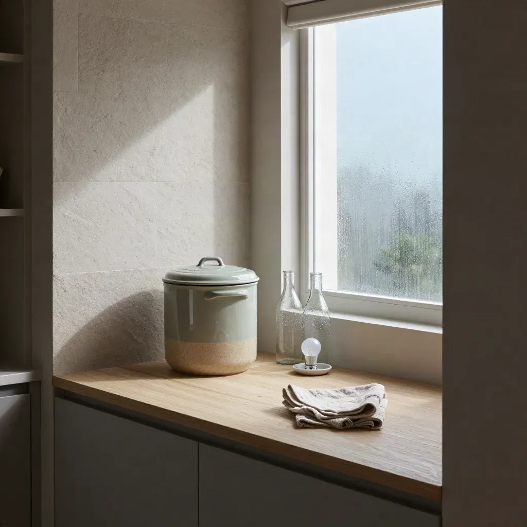 Cuisine ouverte avec bacs de tri, panier à compost, bouteilles consignées et lumière du matin.