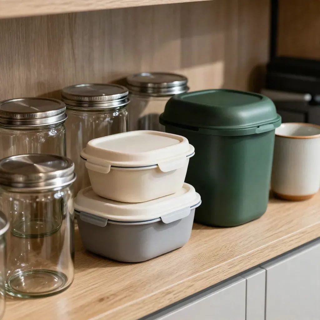 Coin café de bureau avec bocaux, boîtes réutilisables, composteur compact et tasse réutilisable.