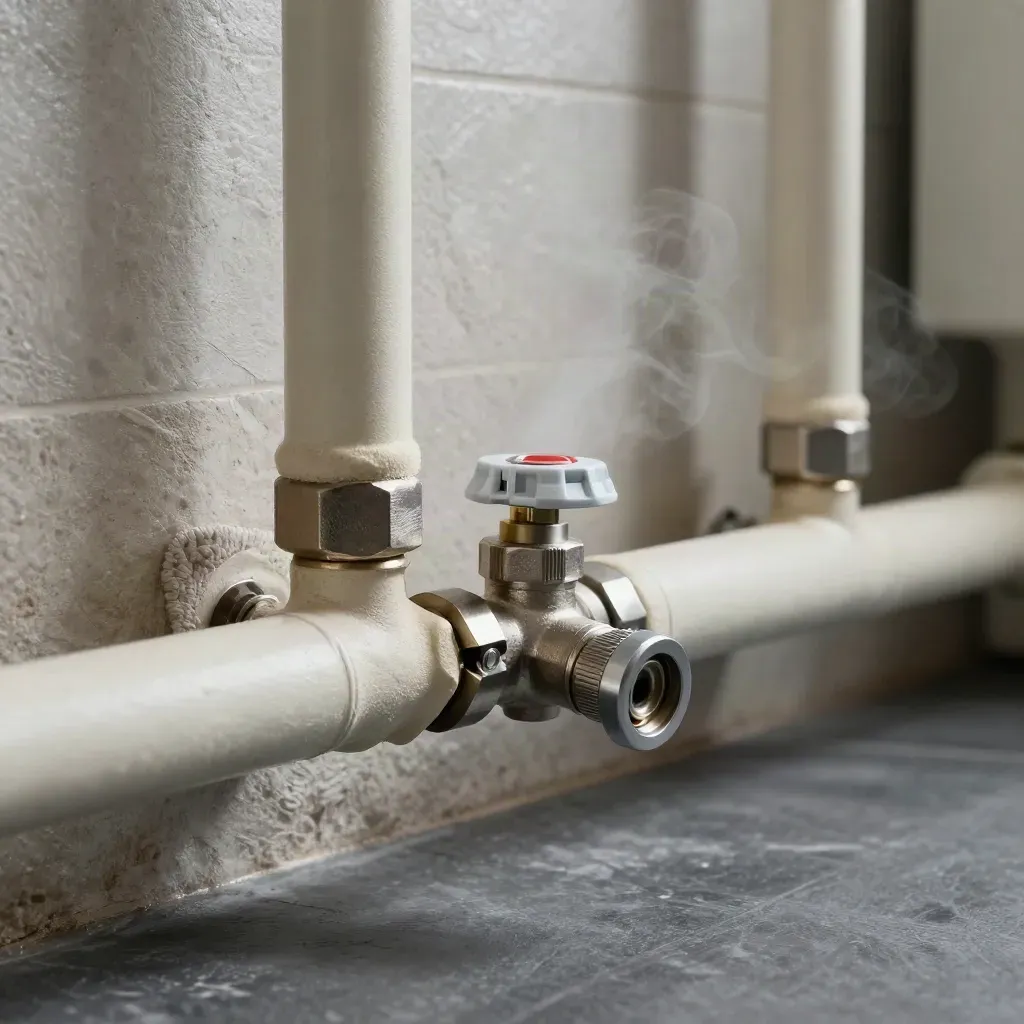 Chaudière claire avec tuyaux isolés, vanne thermostatique, vapeur fine et mur minéral.