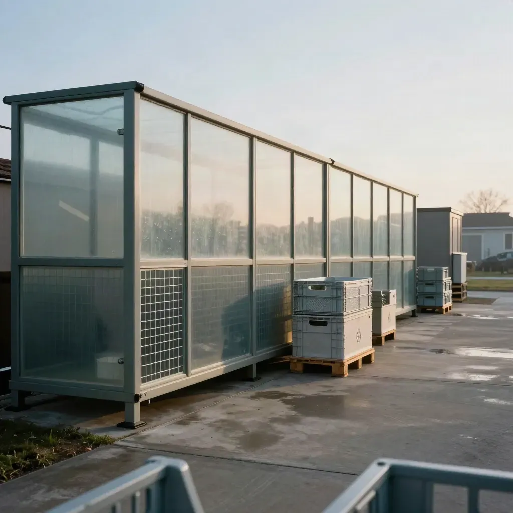 Point de recyclage de quartier à l’aube, bacs de verre et caisses réutilisables dans la brume.