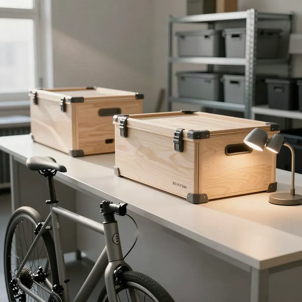Bureau PME avec vélo de service, caisses sobres et lampe basse consommation vers une porte.
