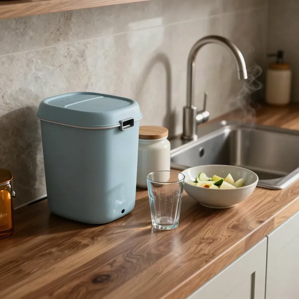 Plan de cuisine avec bac à compost, bocaux, verre lavé et vapeur près de l’évier.
