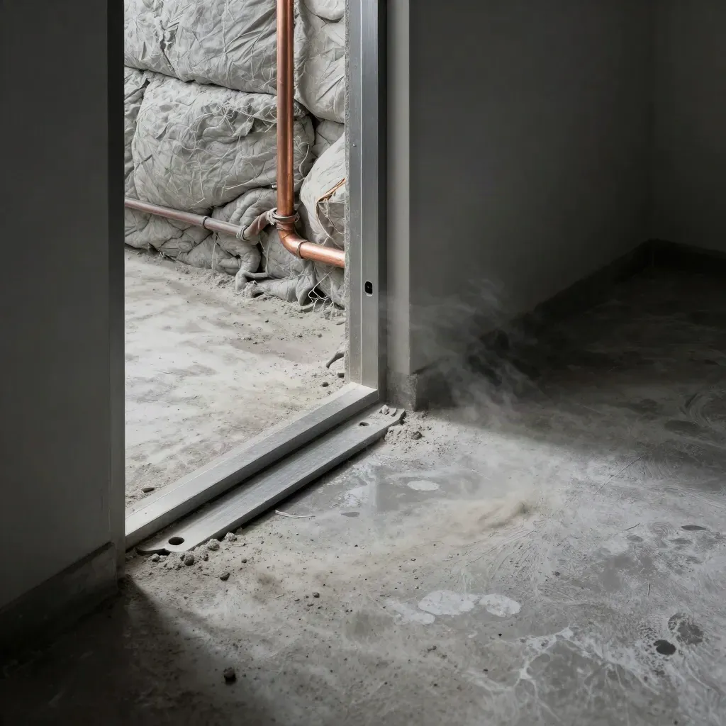 Sous-sol sombre avec trappe ouverte, isolant apparent et tuyaux nus sous une lumière rasante.