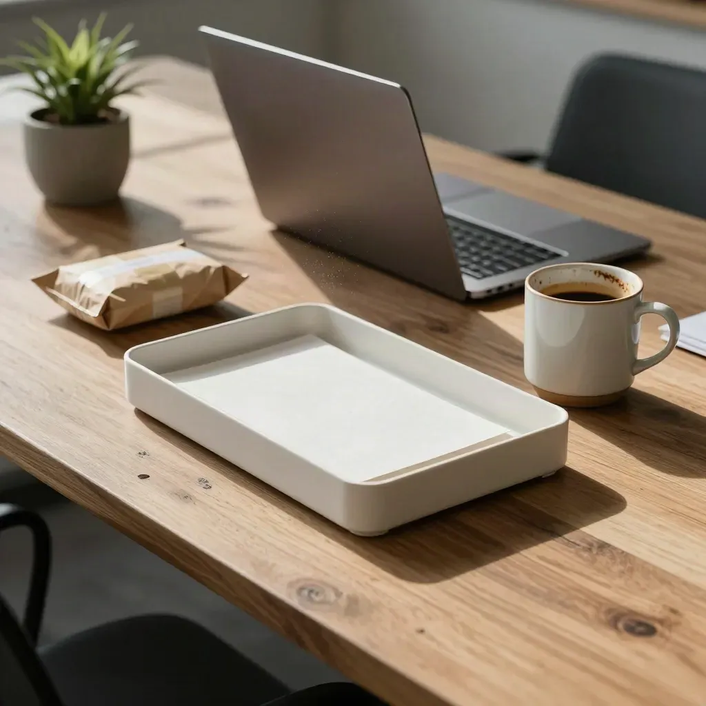 Bureau partagé sobre avec ordinateur fermé, mug réutilisable, colis réemployé et plante discrète.