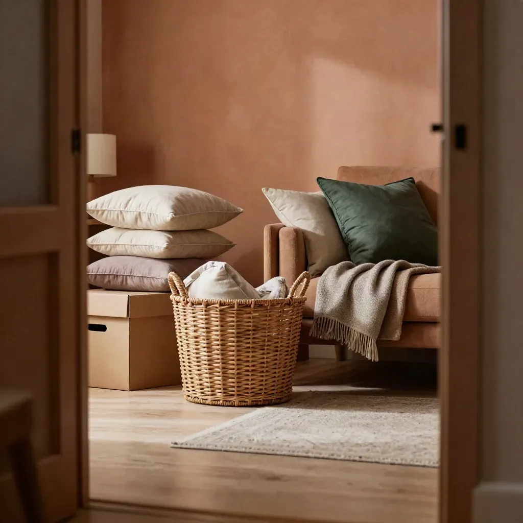 Salon familial prêt pour un atelier calme, avec paniers, boîtes sobres et couverture de laine.