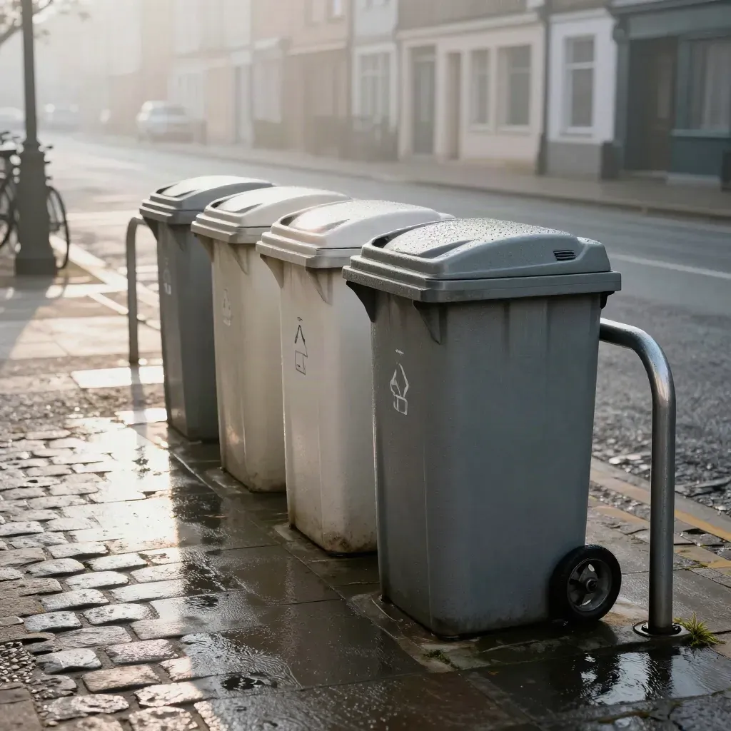 Point de recyclage de quartier au matin, bacs alignés, pavés mouillés et arceaux à vélo dans une rue calme.