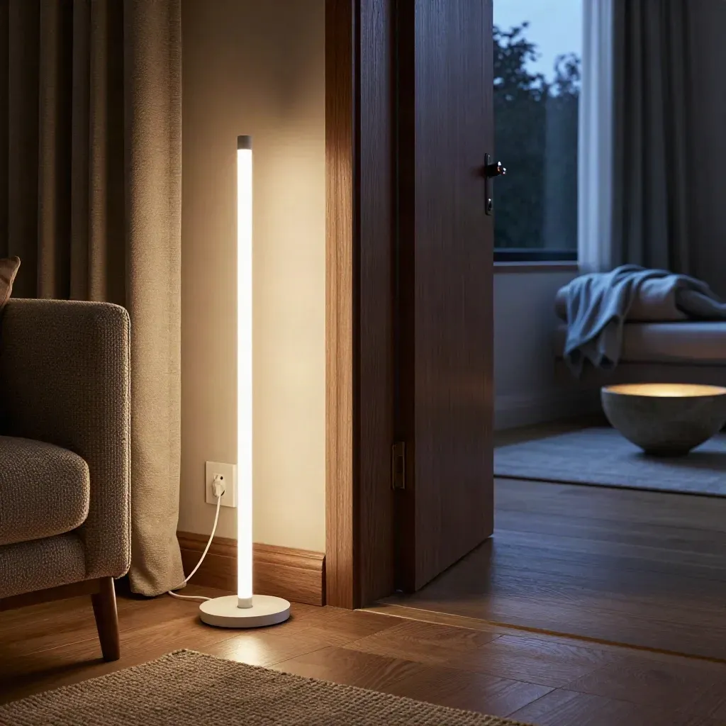 Salon sobre avec lampe LED, rideaux tirés, prise débranchée et boudin de porte, lumière du soir.
