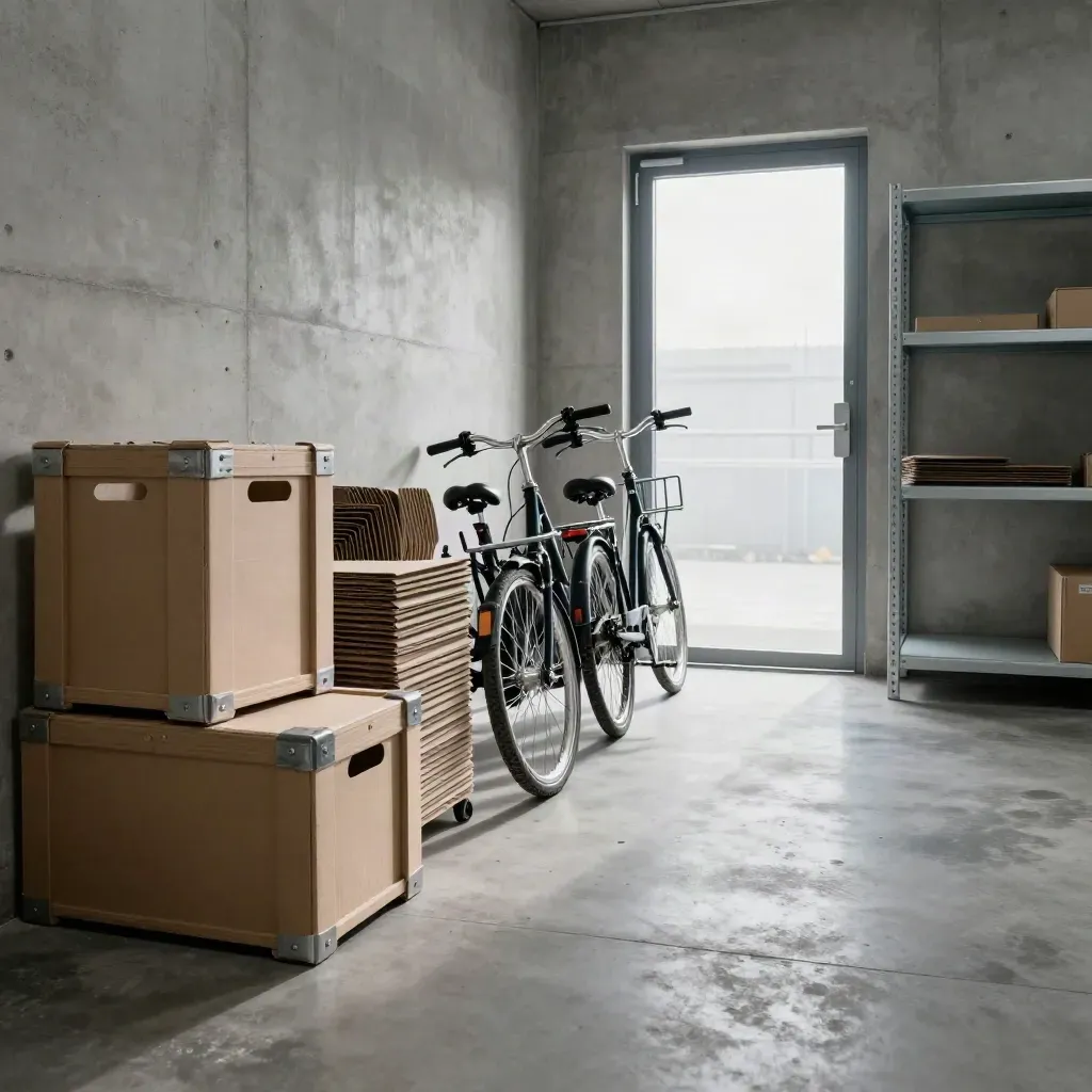 Arrière d’un petit bureau avec caisses réemployables, vélos de service et lumière d’hiver.