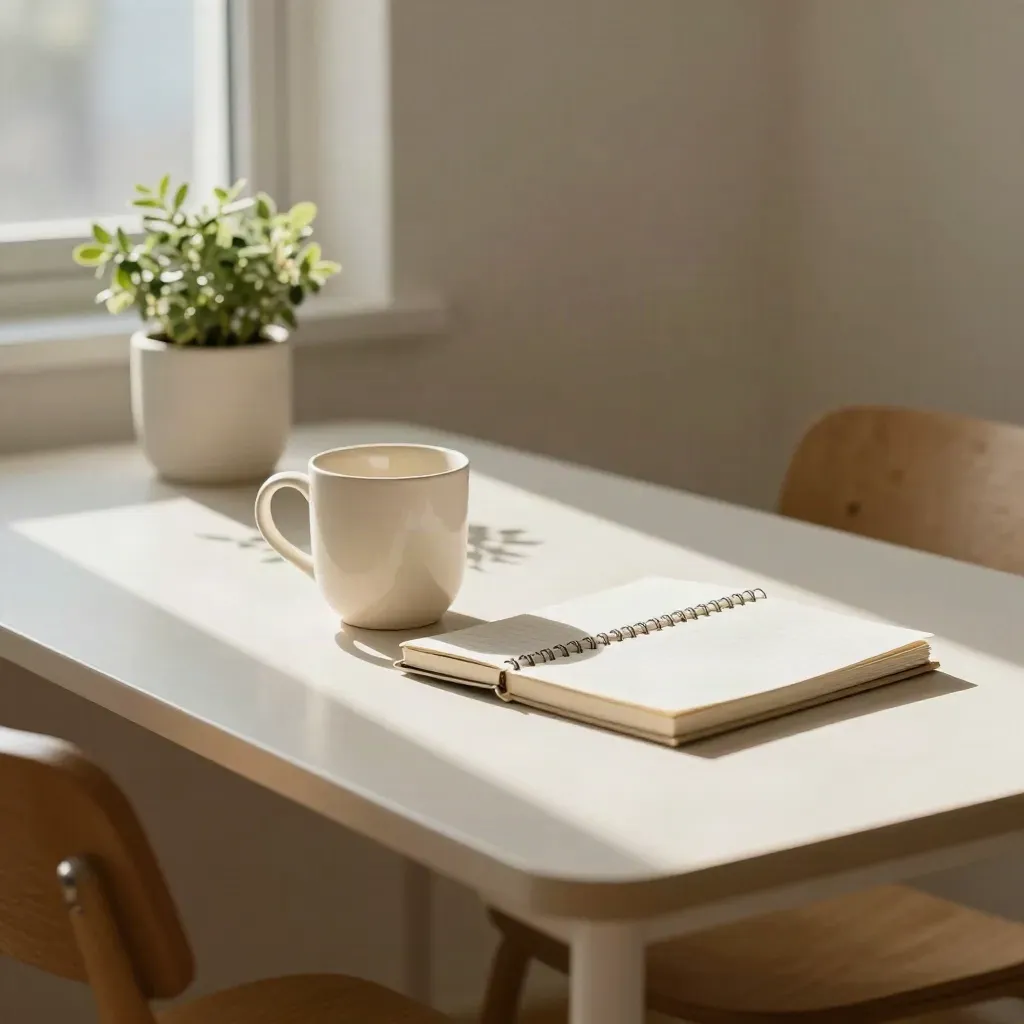 Table de suivi mensuel avec tasse, carnet fermé, plante basse et deux chaises vides dans une lumière douce.