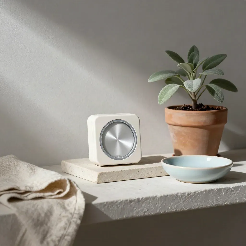 Thermostat, plante et linge plié sur un plateau en pierre, lumière douce du matin.