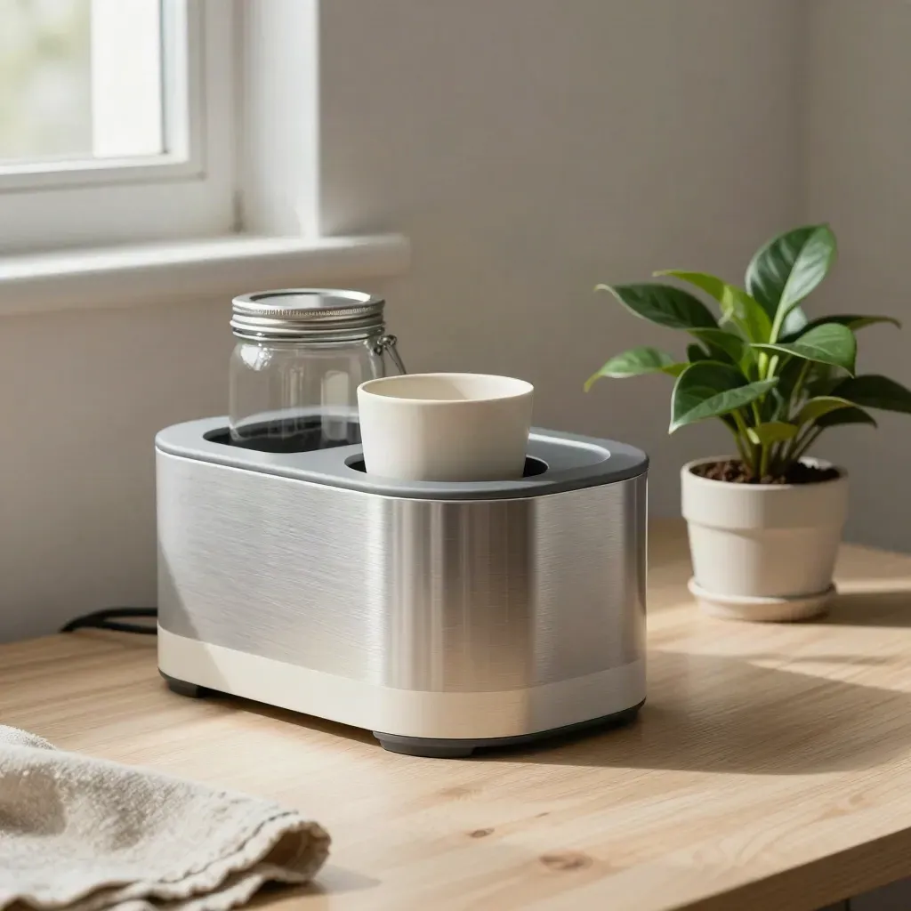 Bac de tri de bureau, gobelet réutilisable, bocal en verre et petite plante sur bois clair.