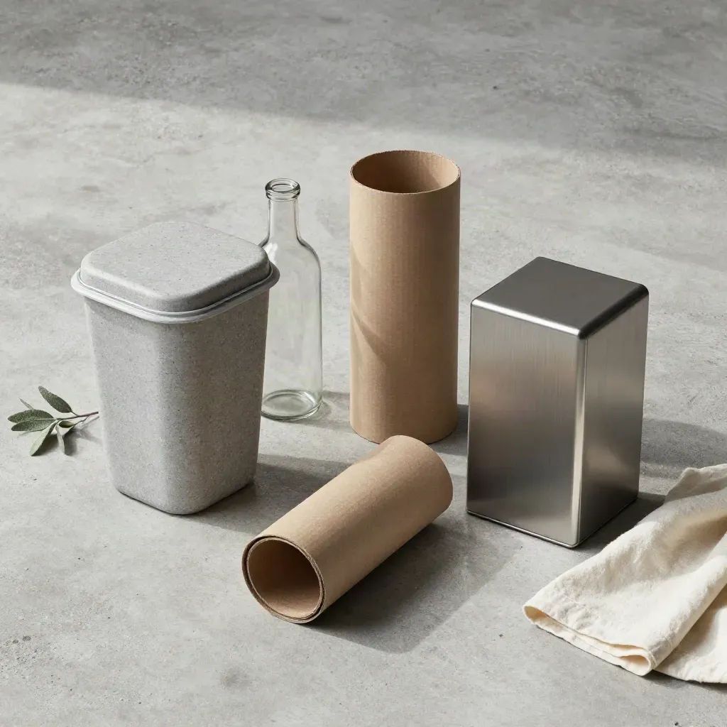 Bacs de tri sobres, bouteille en verre, carton et boîte métal sur dalle de pierre.