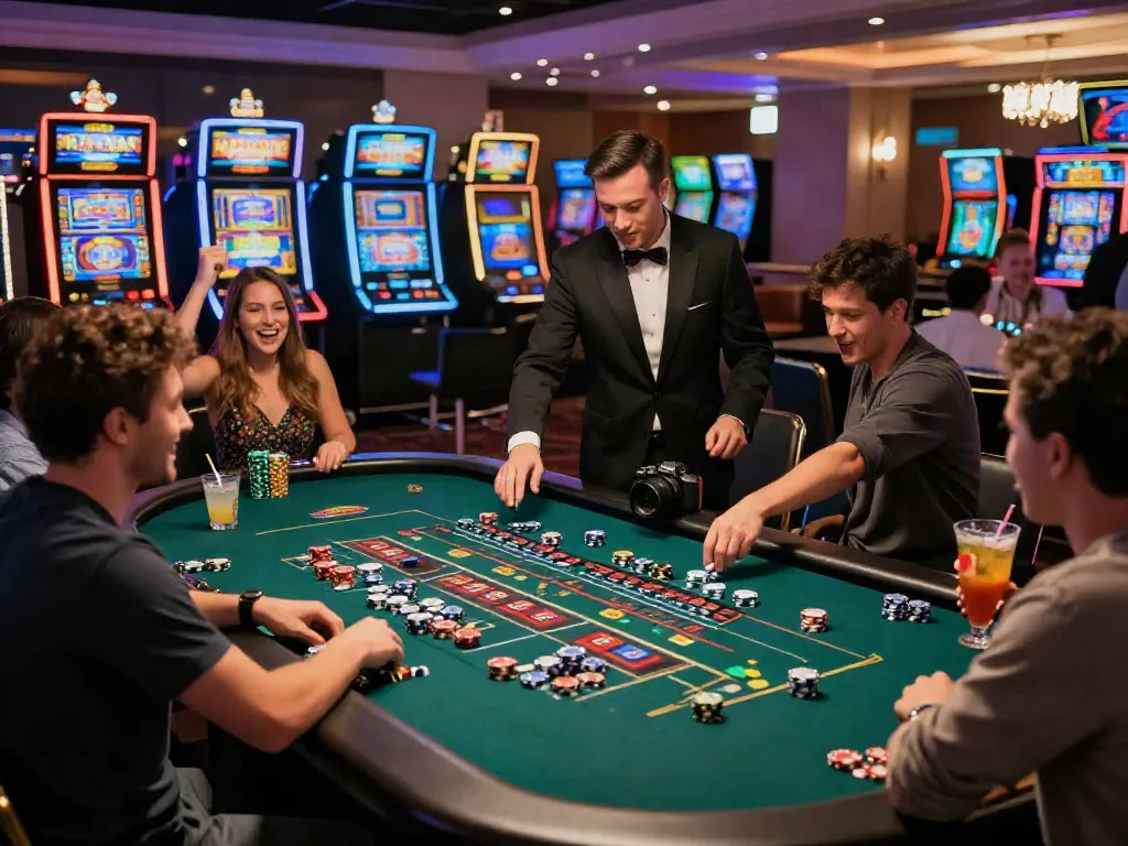 Scène de casino gratuit animée avec des joueurs autour d'une table de jeu, machines à sous lumineuses en arrière-plan.